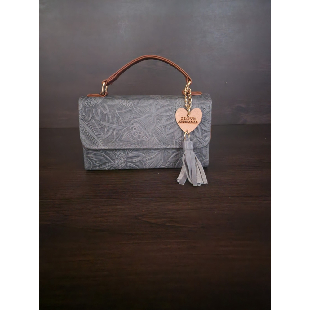 Light Blue Gray Sunflower Embossed Tooled Artisan LEATHER Crossbody Bag Purse - Picture 5 of 15